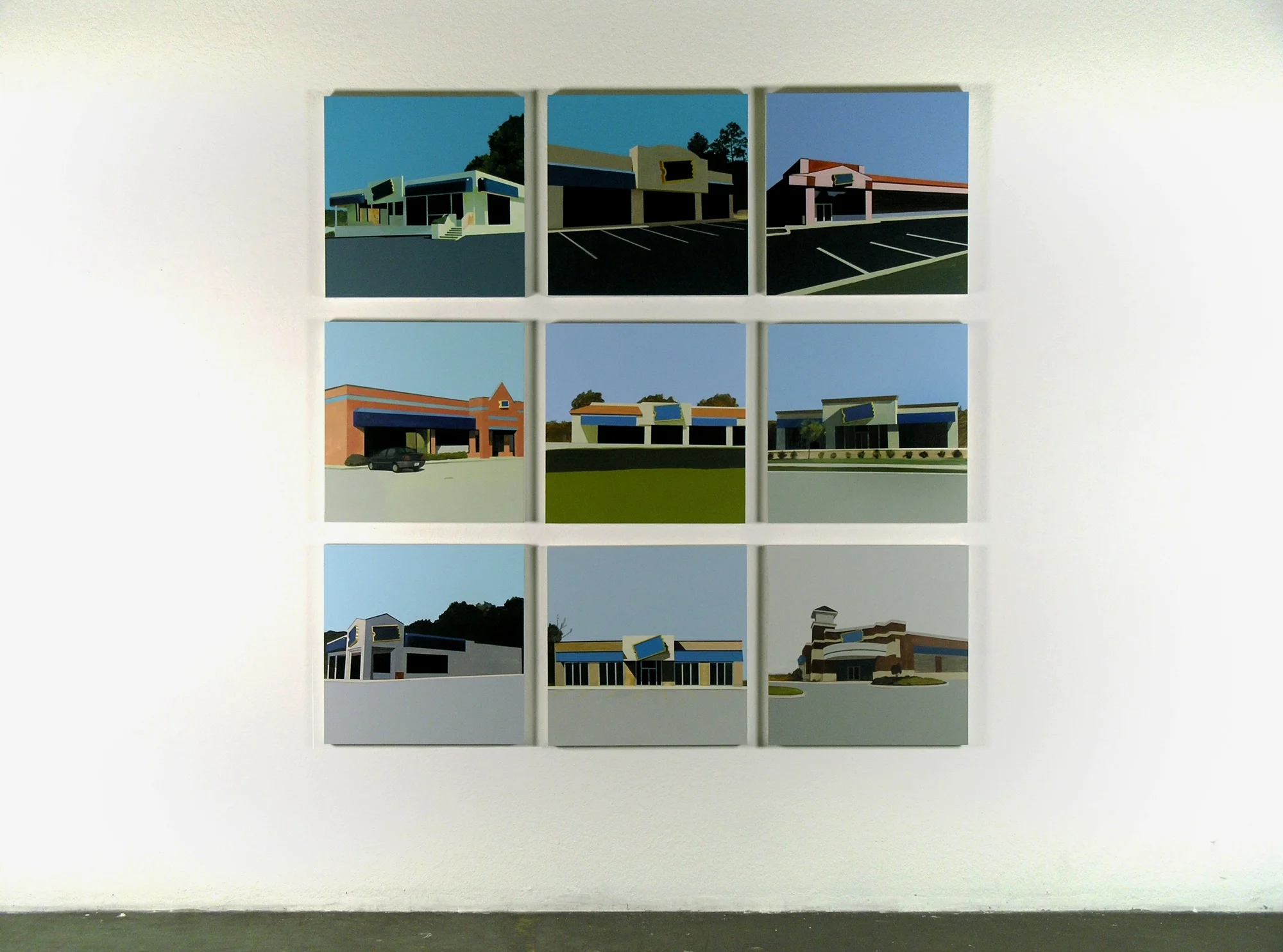 Video Stores: 9 Examples, 1987-2001 acrylic on panels, 76" x 76" 2005