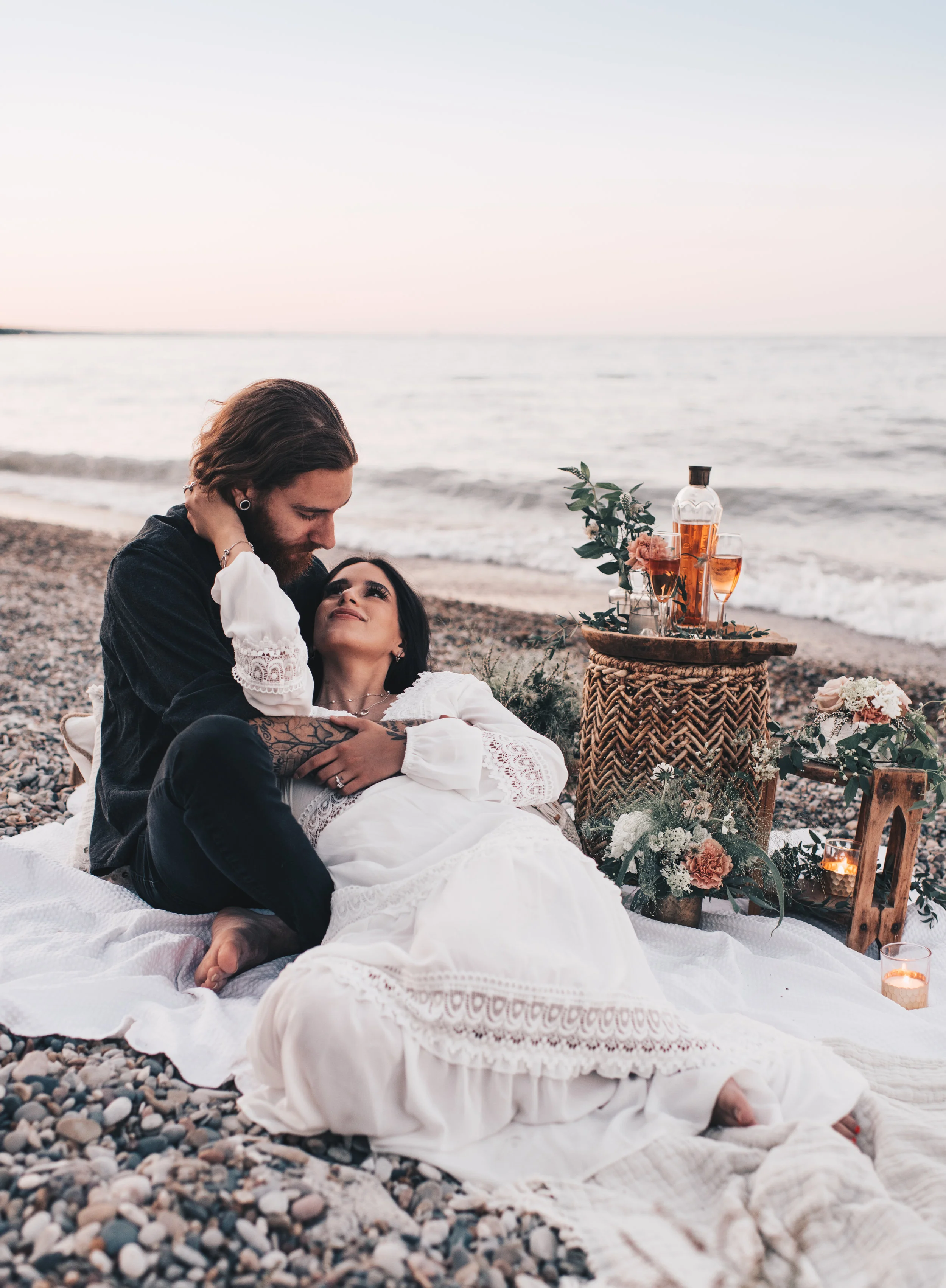 Lake Michigan Beach Session, Lake Michigan Beach Elopement, Summer Beach Elopement, Dreamy Beach Elopement, Coastal Beach Elopement, Romantic Boho Beach Picnic Elopement