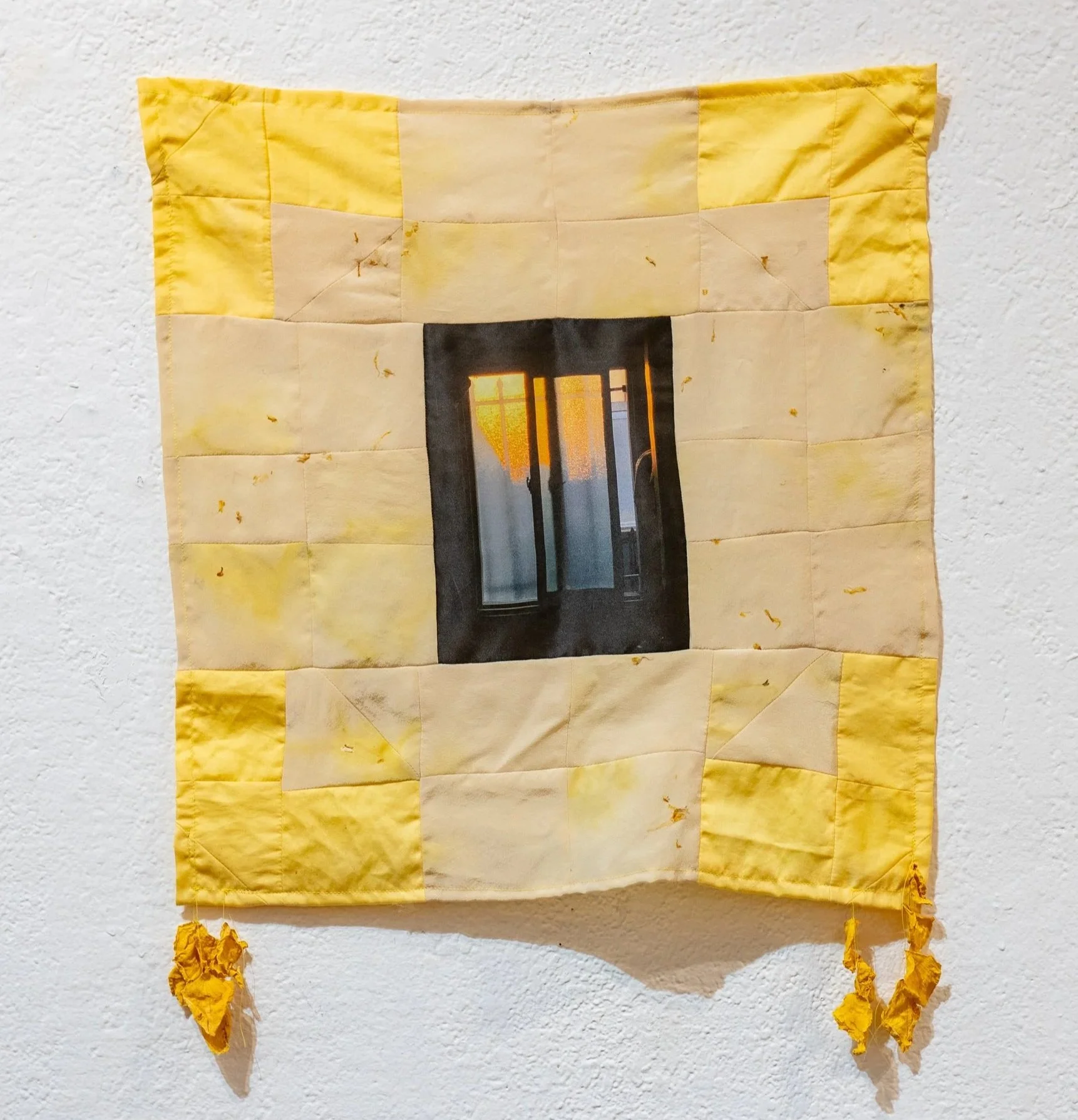   how much of myself is everyone else , 2024  silk dyed with turmeric and calendula flowers, rose petals, and photo printed on silk charmeuse   The Yellow Show , 2024, Adobe Books, SF, CA  pc: Claire S Burke 