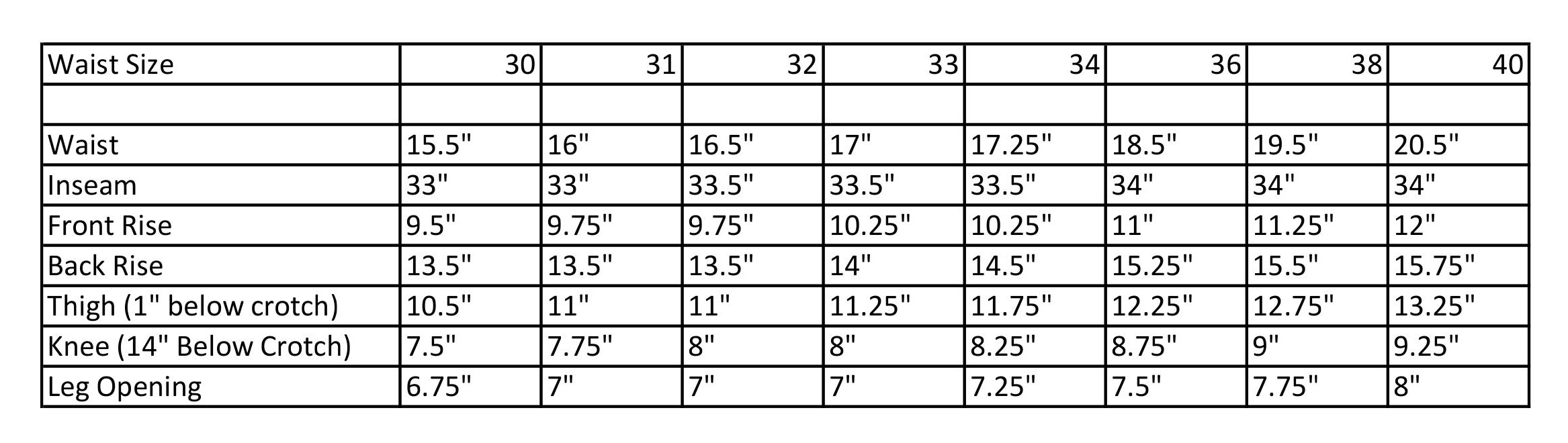 Hunter Size Chart