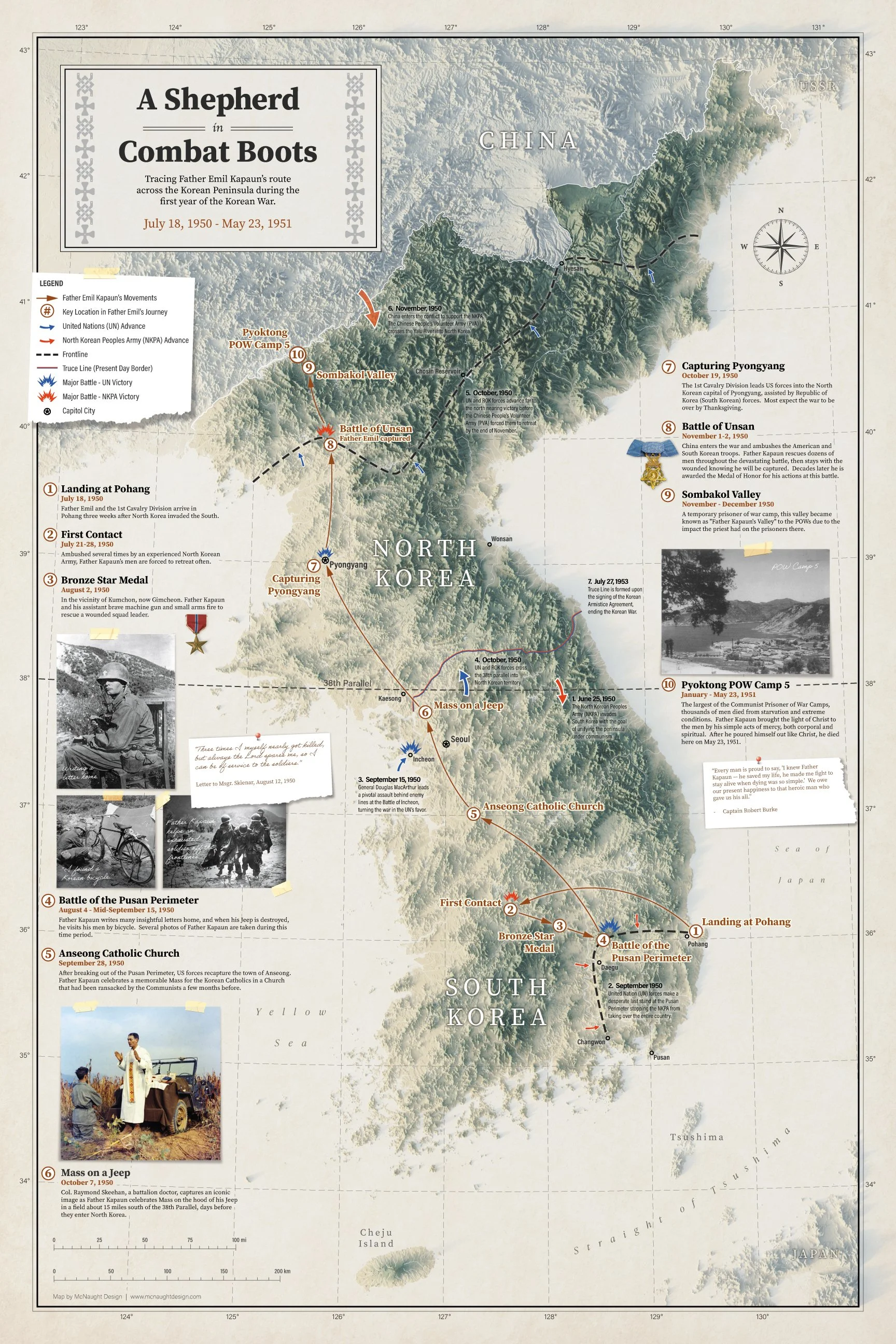A map of Father Emil Kapaun's time during the Korean War. The map shows the countries of North and South Korea and includes markers at the major battles and historic moments. On the sides of the map are photos of Emil Kapaun in the war.