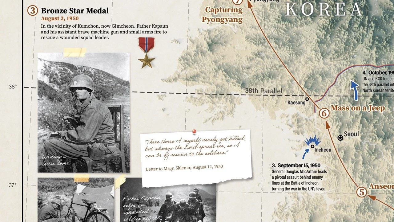 A close up of the map showing various photos and quotes arranged with tape and red push pins.
