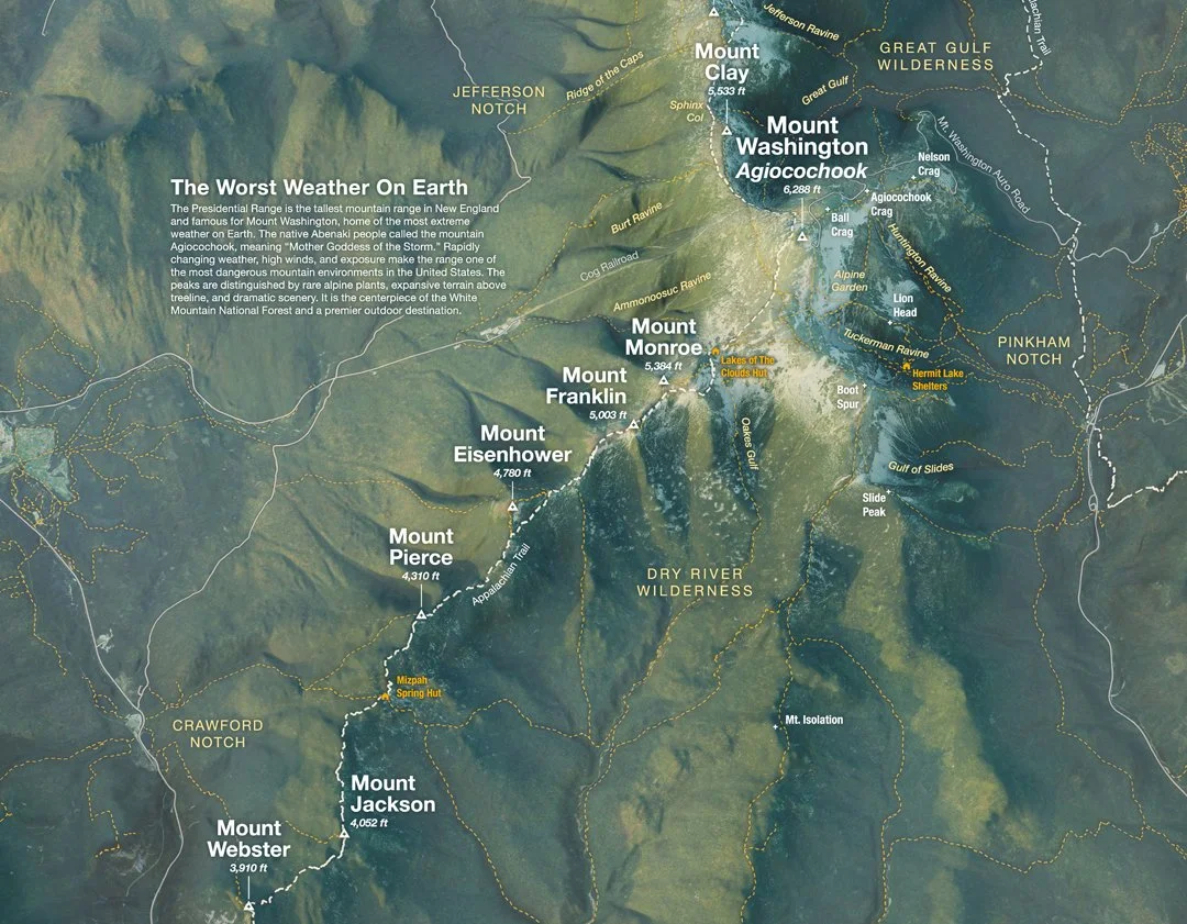 Map of the Presidential Range in New Hampshire.