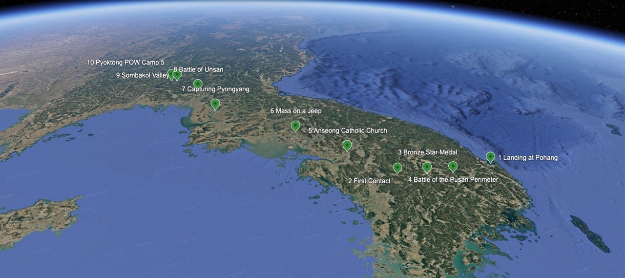 A Google Earth map showing multiple pins in Korea. They mark key locations in the war.