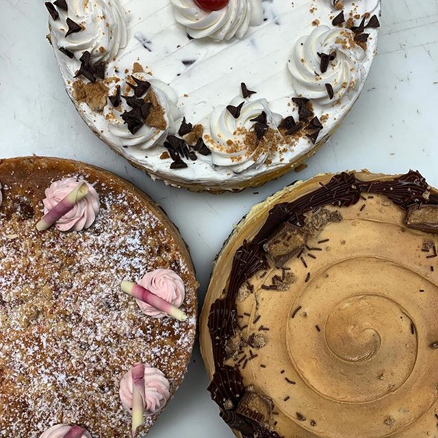 New cheesecake flavors have us like 😍 featured here is a Cannoli Cheesecake, Outrageous Peanut Butter, and strawberry Streusel. Stop in and grab one today!