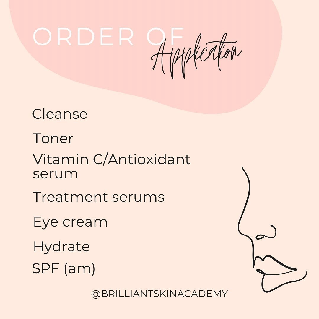 Now that you have your home-care, let&rsquo;s discuss how you apply it. 
Today we&rsquo;re breaking it down and explaining order of application. 
Cleanse, Tone, antioxidants, treatments, eye cream, hydration, and SPF to top it off (AM only). 

Stay t