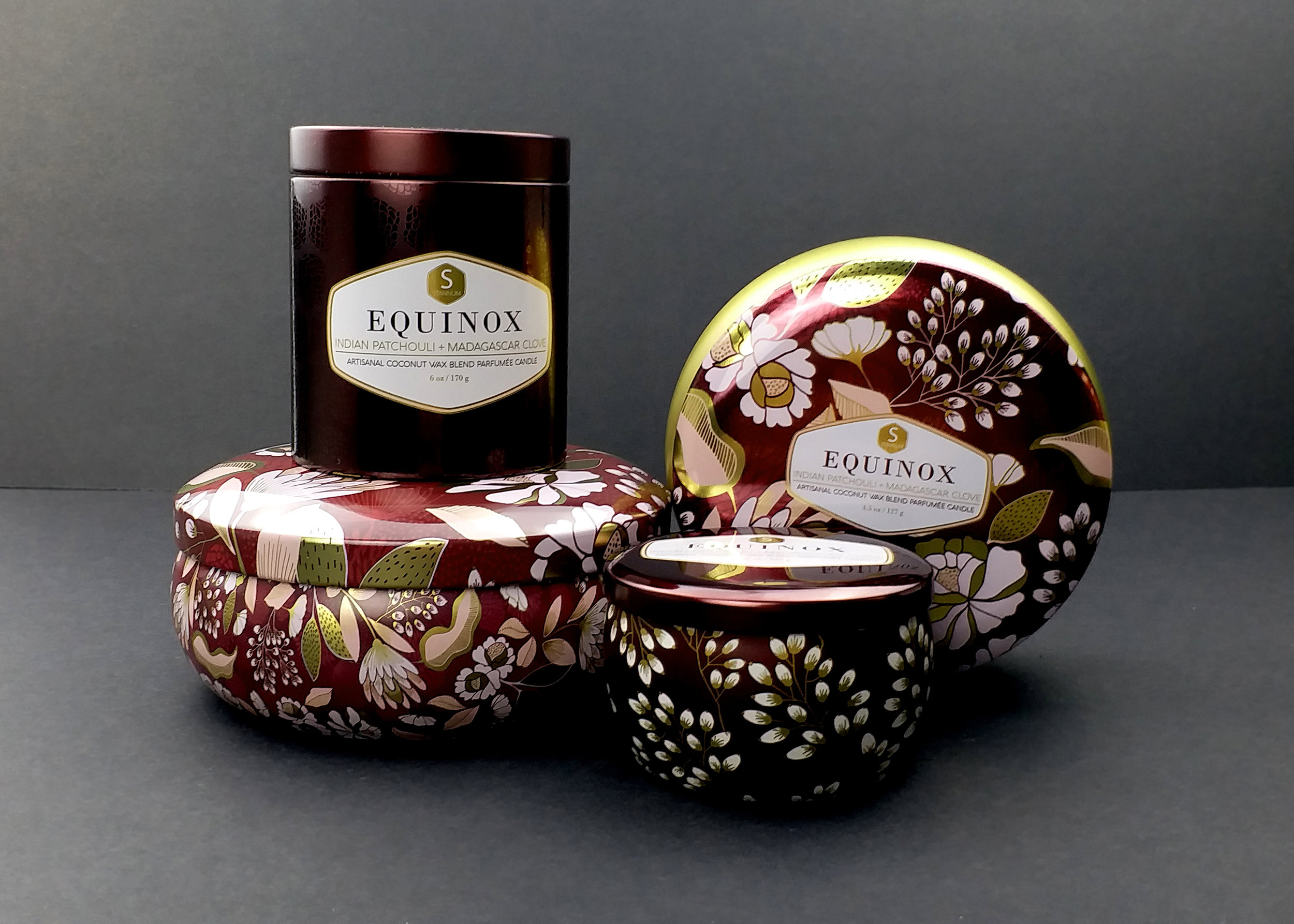 Private label design for Stannum Can Inc. Luxurious candle line. Project design included theme, scent selection, brand name, colour, illustrations and labelling. Four dual scents of Indian Patchouli and Madagascar Clove; Moroccan Fig and Quebec Maple; White Lavender and Spanish Sage, and Virginian Cedar and Tonkin Musk. Made from a coconut wax blend, these candles are paraffin free.