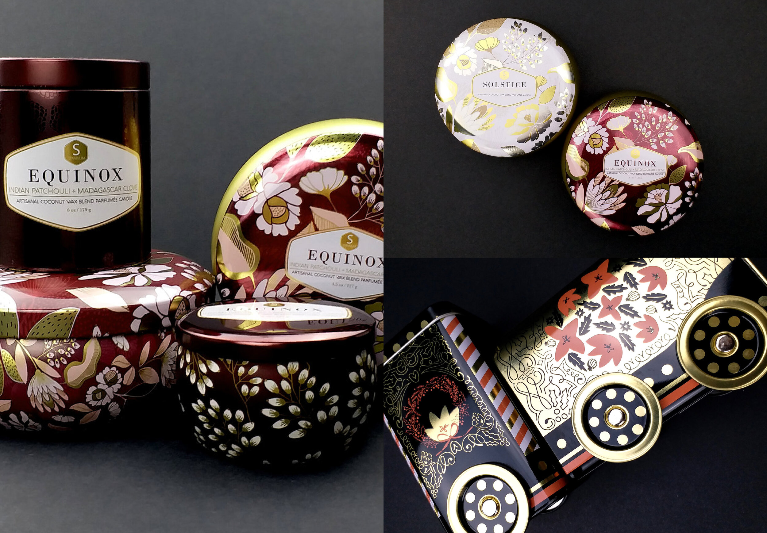 Private label candle designs and Christmas train tin design for Stannum Can Inc.