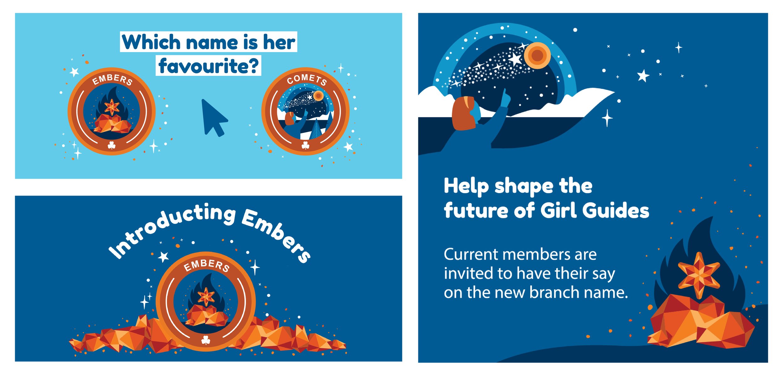 Social assets for Girl Guides branch name change campaign.
