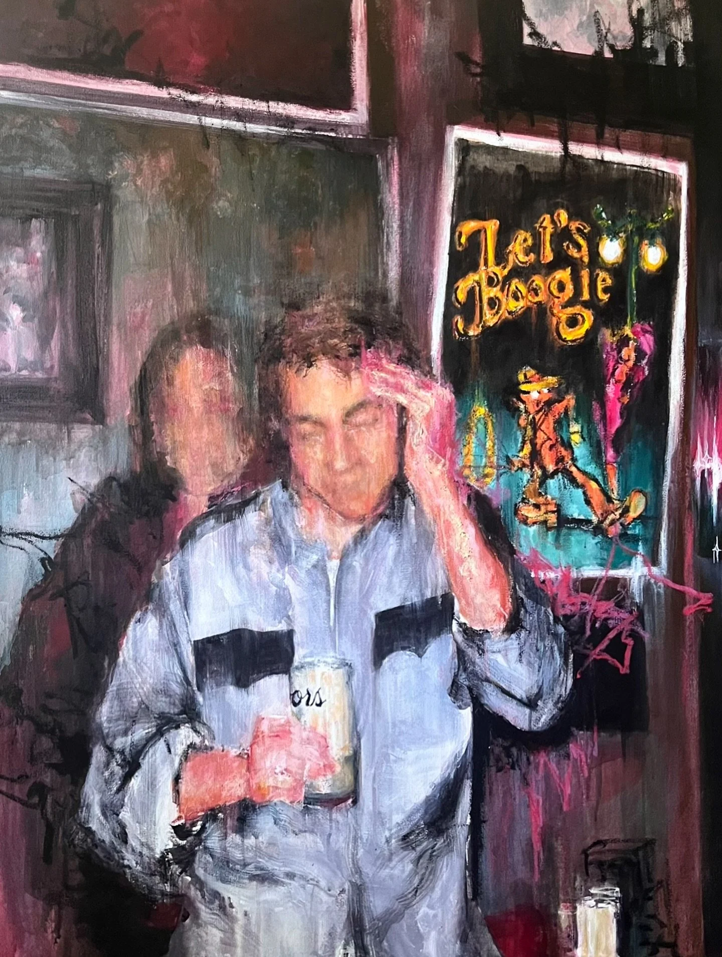 painted this two years ago today, reference from a polaroid sent to me by my dad&rsquo;s friends from their college days at sac state 
acrylic &amp; oil sticks on canvas 
30x40in