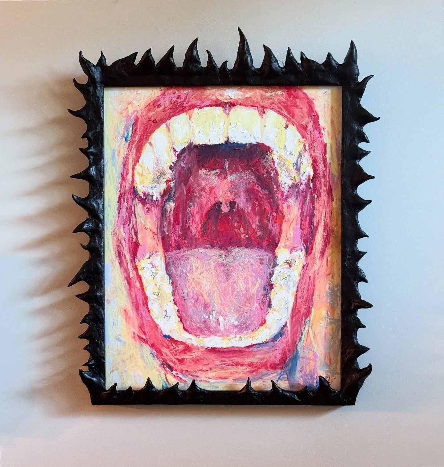 I Am The Mouth That Bites And The Hand That Feeds
11x14&rdquo; oil pastel on matte board
handbuilt mixed media ceramic &amp; wooden frame 

A mouthful of a name for my piece showing in Noche Oscura group show at @_the_red_museum_ on Nov 22, curated b