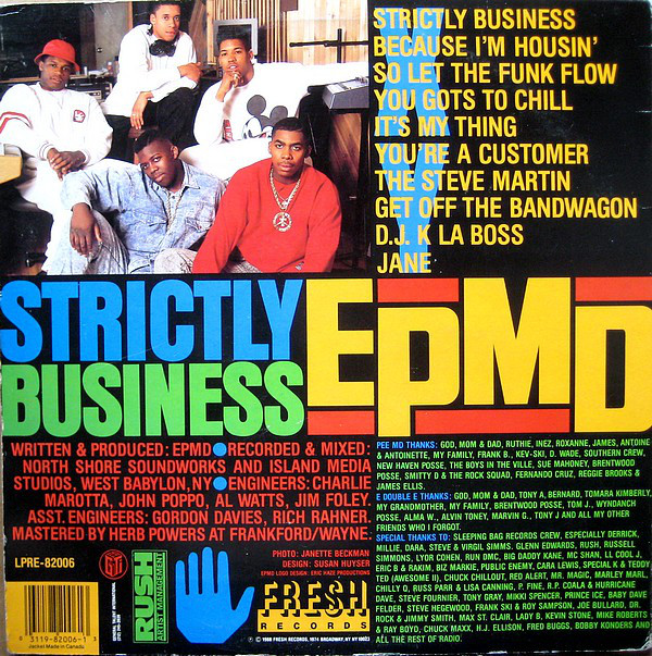 Back cover of EPMD’s 'Strictly Business' showing the tracklist