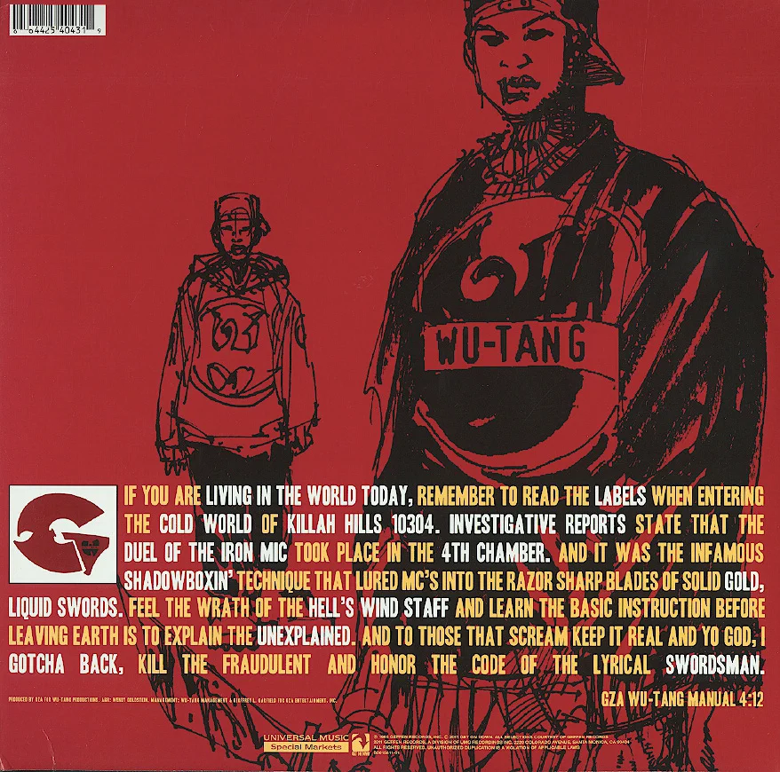 The back cover of Liquid Swords showing the tracklist and some artwork