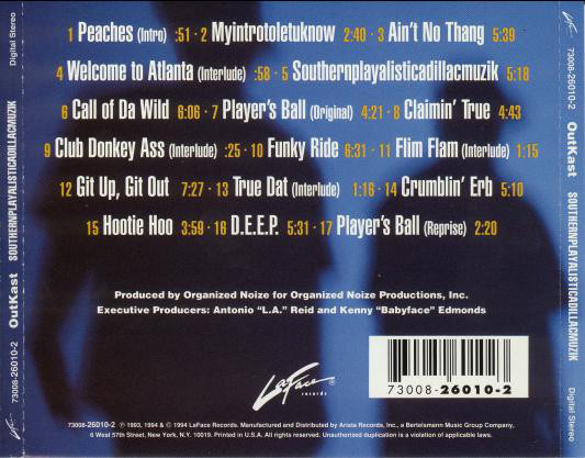 The CD backcover of OutKast's Southernplayalisticadillacmuzik (1994)