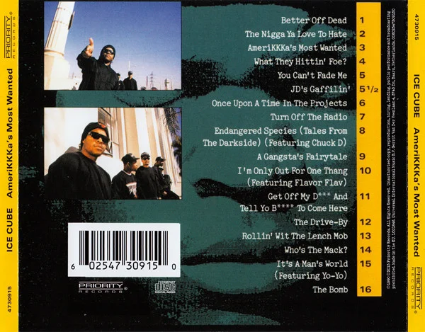 CD back cover and tracklist of Ice-Cube's AmeriKKKa's Most Wanted