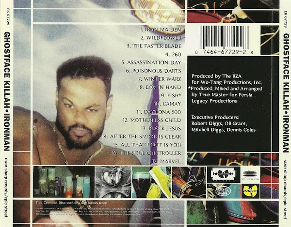 Various album artwork and the track list for Ghostface Killah's Ironman CD