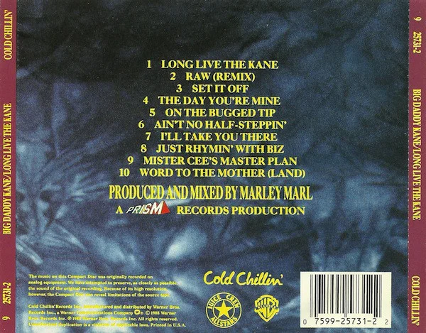 The back cover to Big Daddy Kane's Long Live The Kane album - Showing the track list