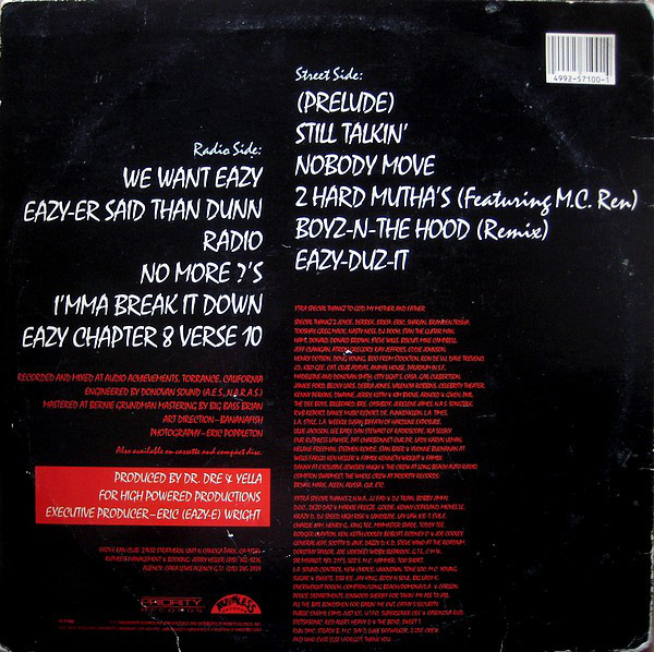 Old, banged up vinyl of Eazy-Duz-It showing the track list and credits