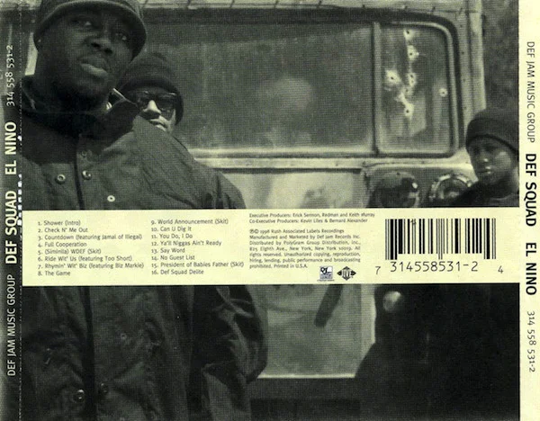 The back cover of the El Niño CD showing the tracklist and another classic b&w photo
