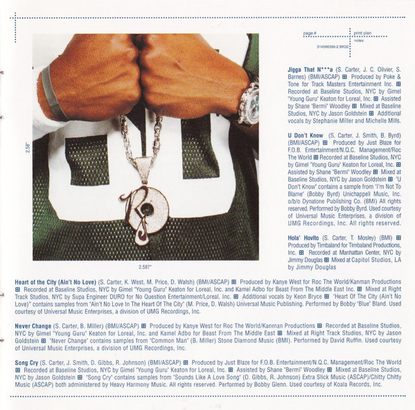 Jay-Z repping his street conscious record label Roc-A-Fella with blinged out jewelry in the artwork for The Blueprint