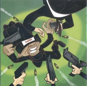 Redman’s Doc cartoon character dodging bullets in the Malpractice album artwork