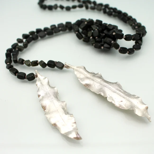 Dark Serpentine Necklace with Silver Leaves