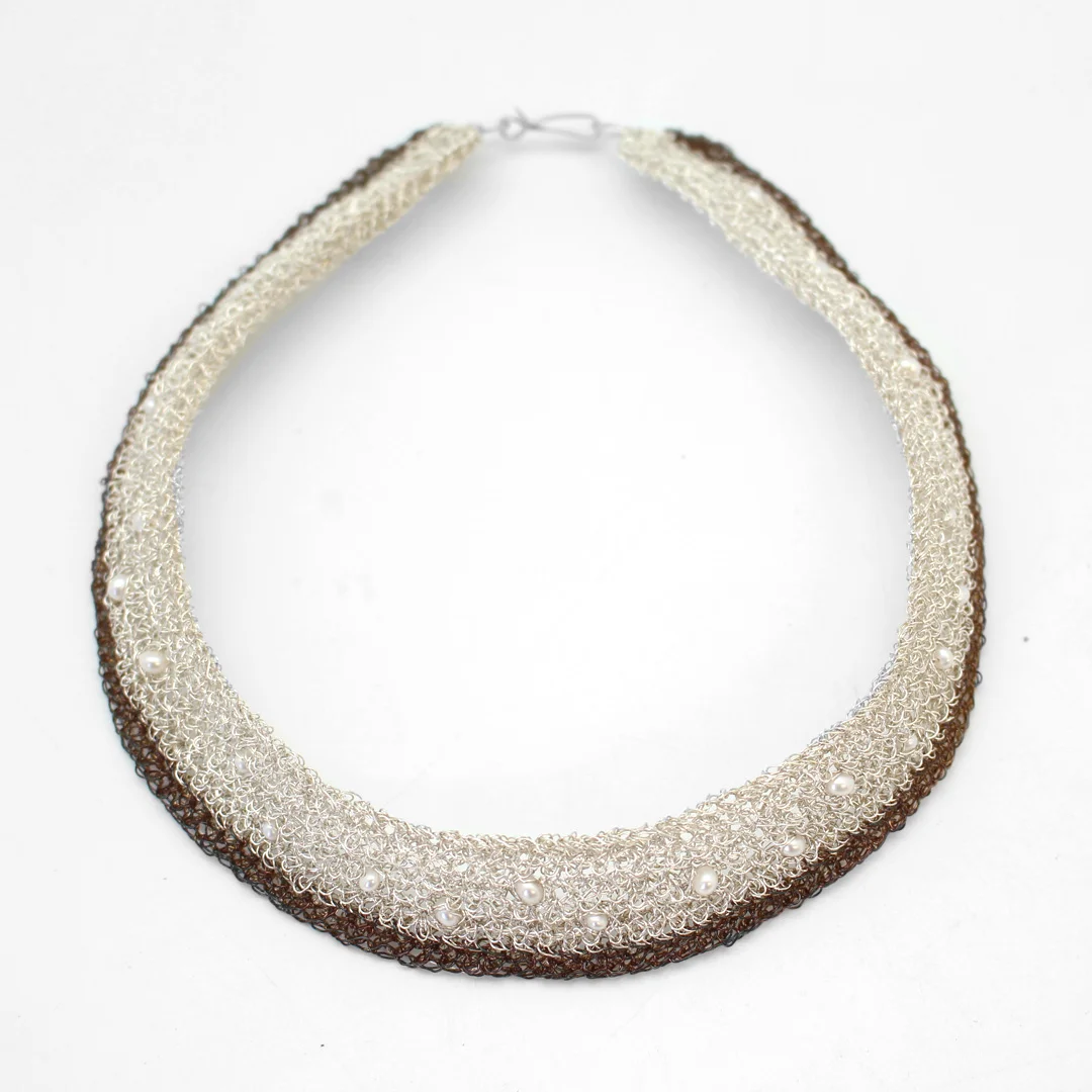 Crochet Silver Necklace with Pearls and Trim