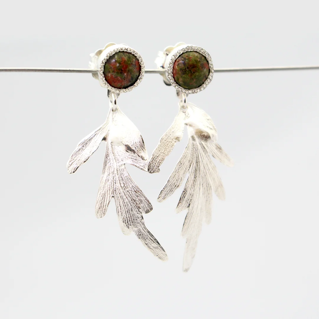 Unakite Tanekaha Leaf Earrings