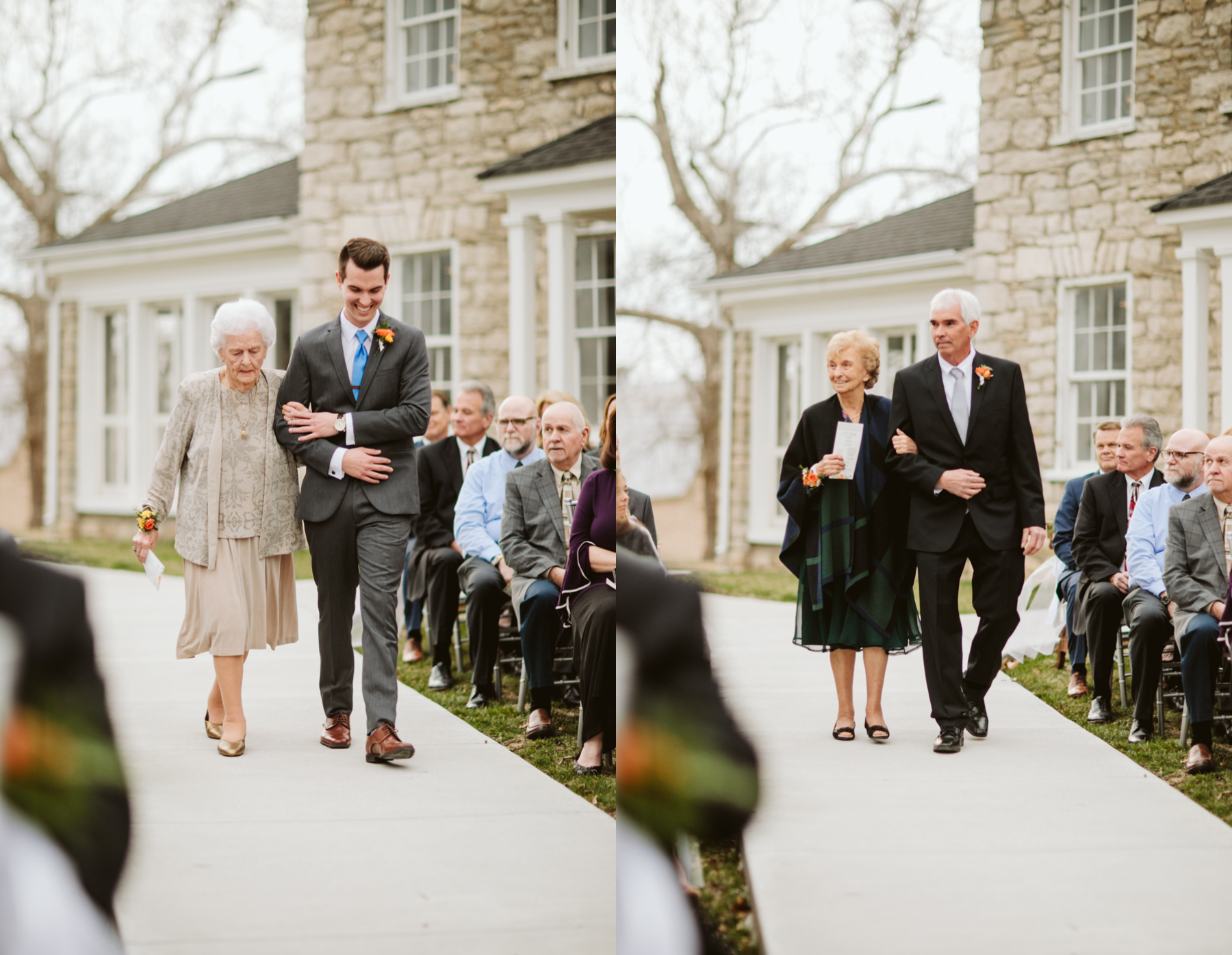 Grandparents walking down the aisle before a wedding at the stone house of st charles