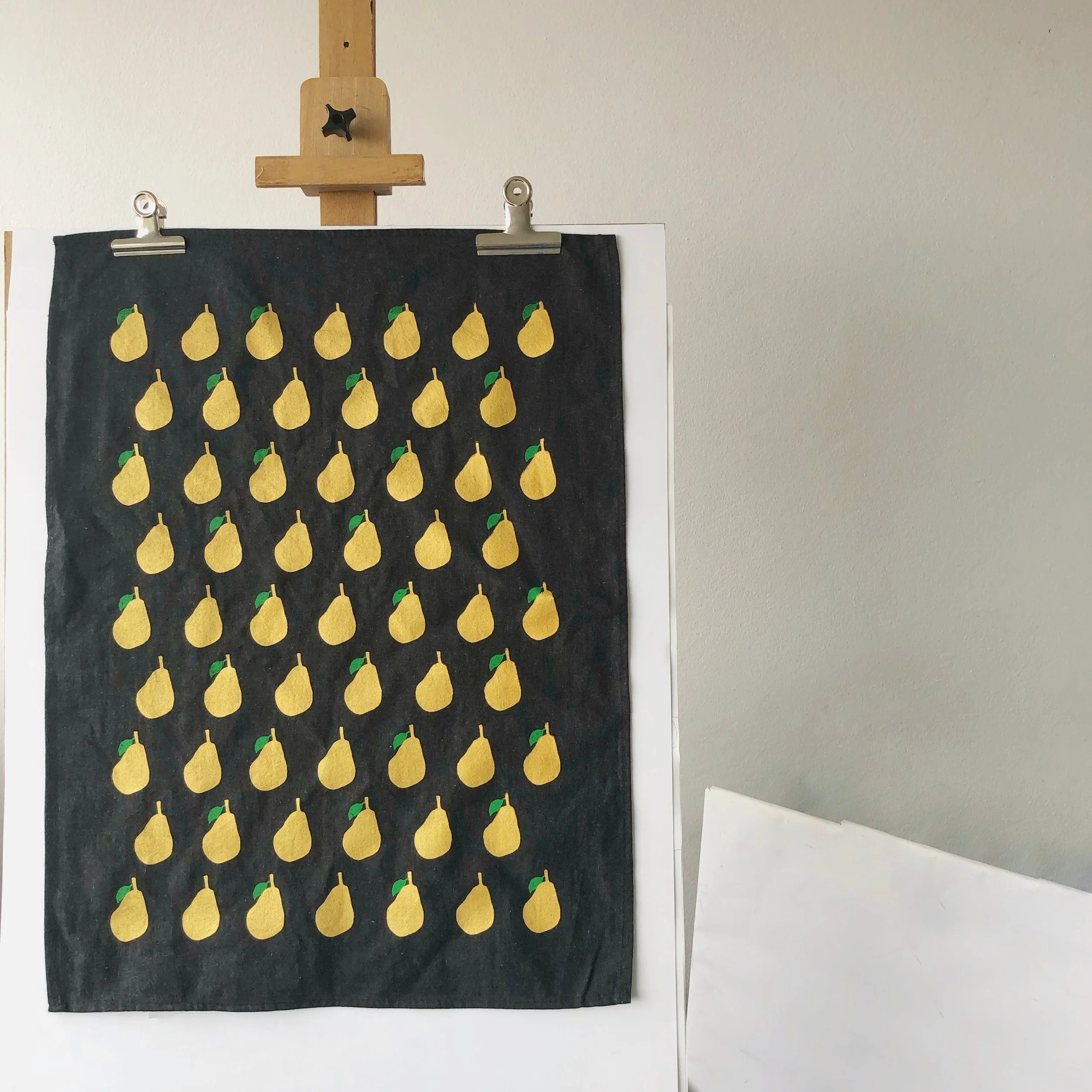 'Pearfect' Tea Towel - Dark Grey, Gold and  Green