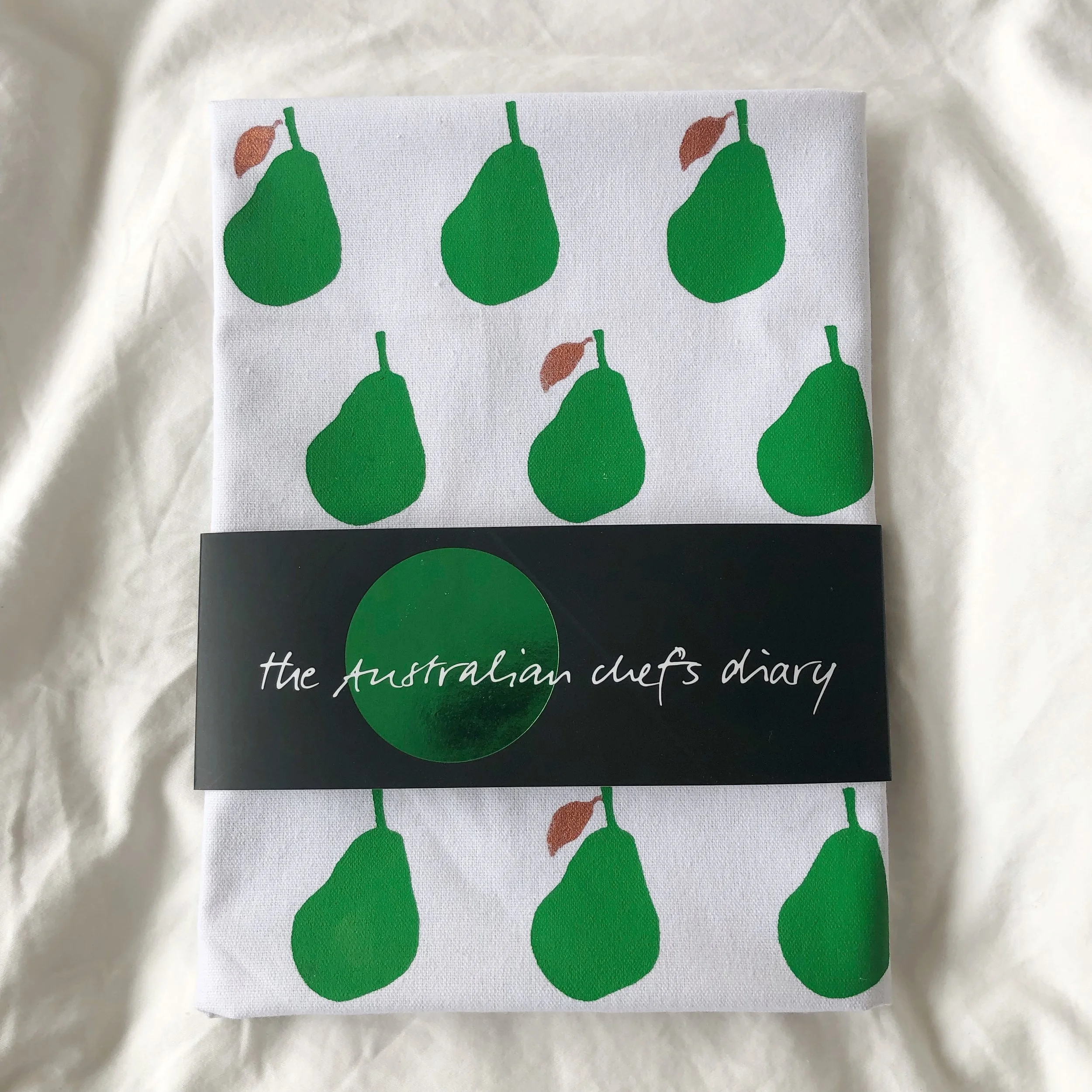 'Pearfect' Tea Towel - White, Green and Copper 