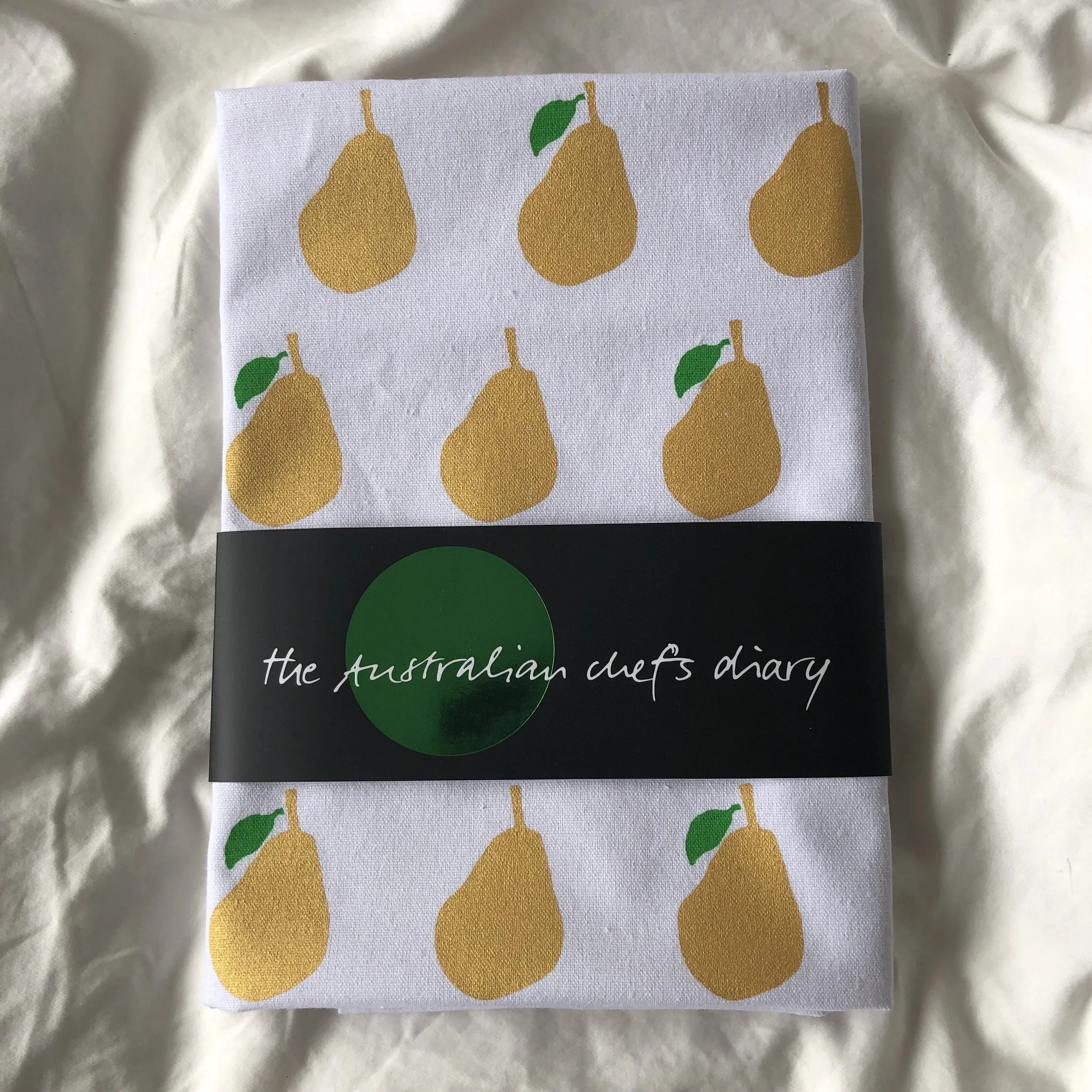 'Pearfect' Tea Towel - White, Gold and Green