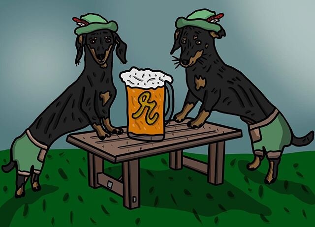 Wow! Poppa commissioned a drawing of me and Neville. We love it! You can see my fly-away ears and Neville&rsquo;s whiskers.
Don&rsquo;t we look dapper in our lederhosen?  #happyhour #reubensathome 
Artwork by @iandydraws 
@reubensbrews