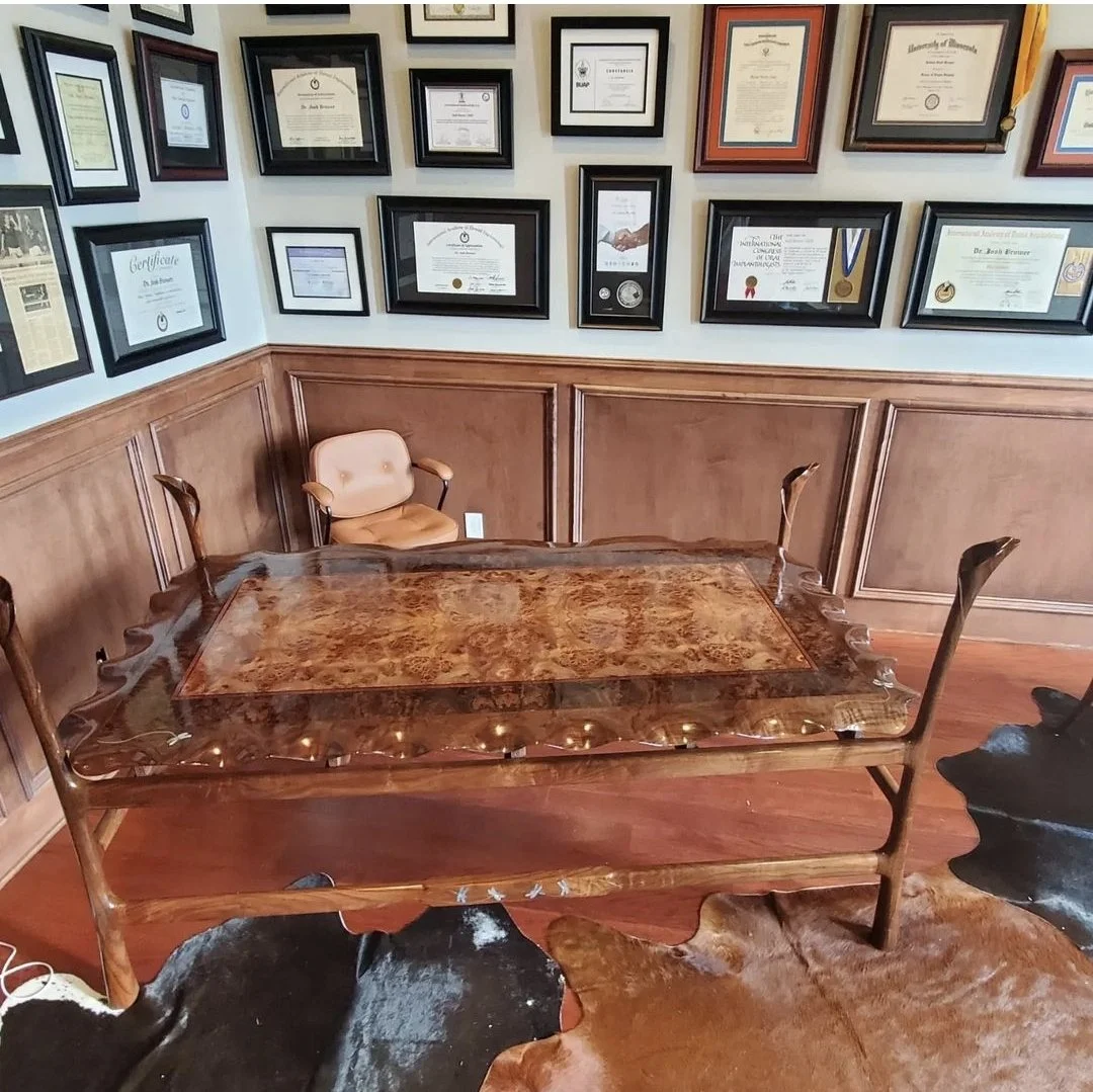 Desk done in veneer matching the Europa series from Steinway and carved legs