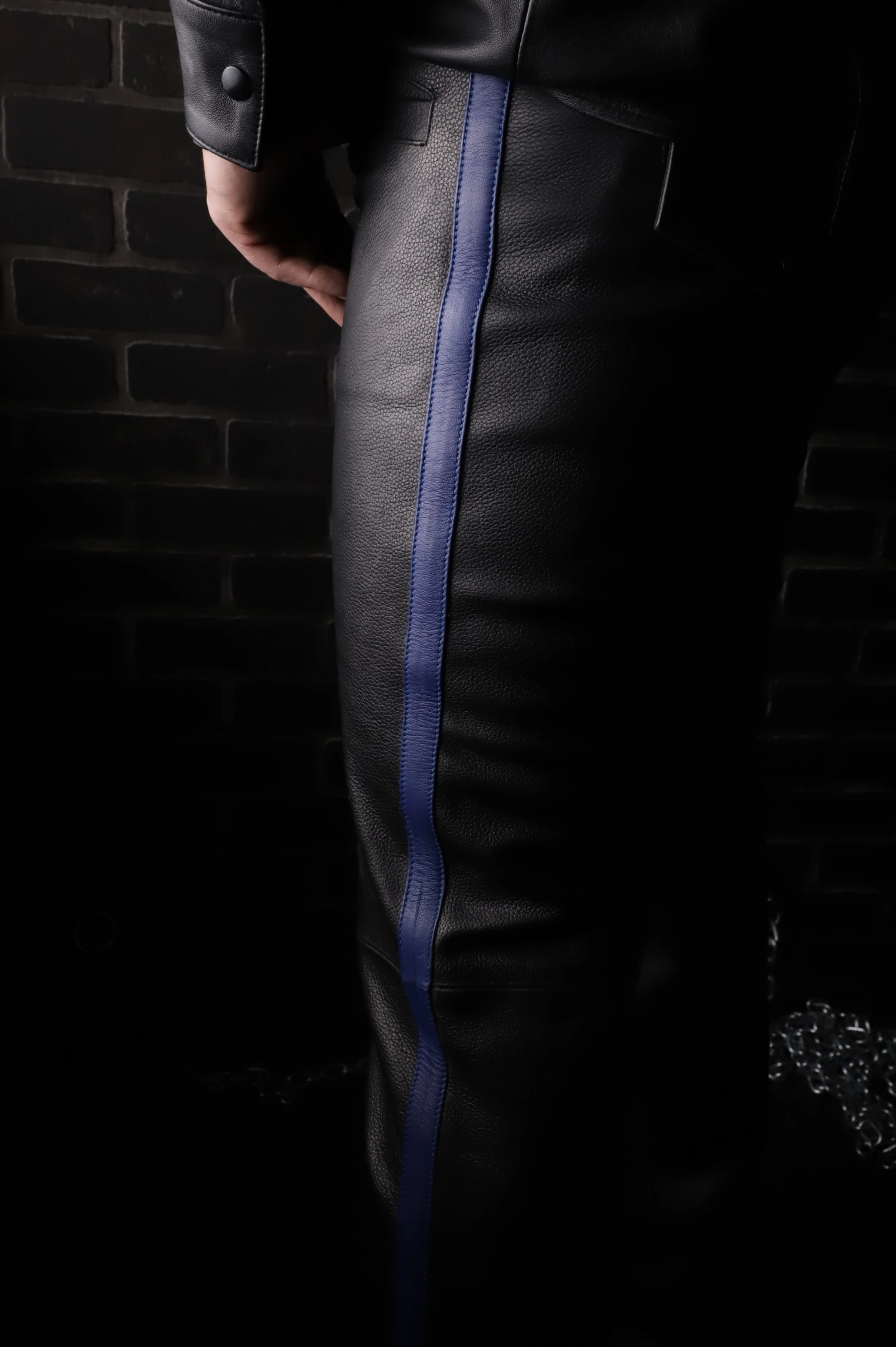 Barking Leather "501" Leather Pants w/Blue Leather Stripe