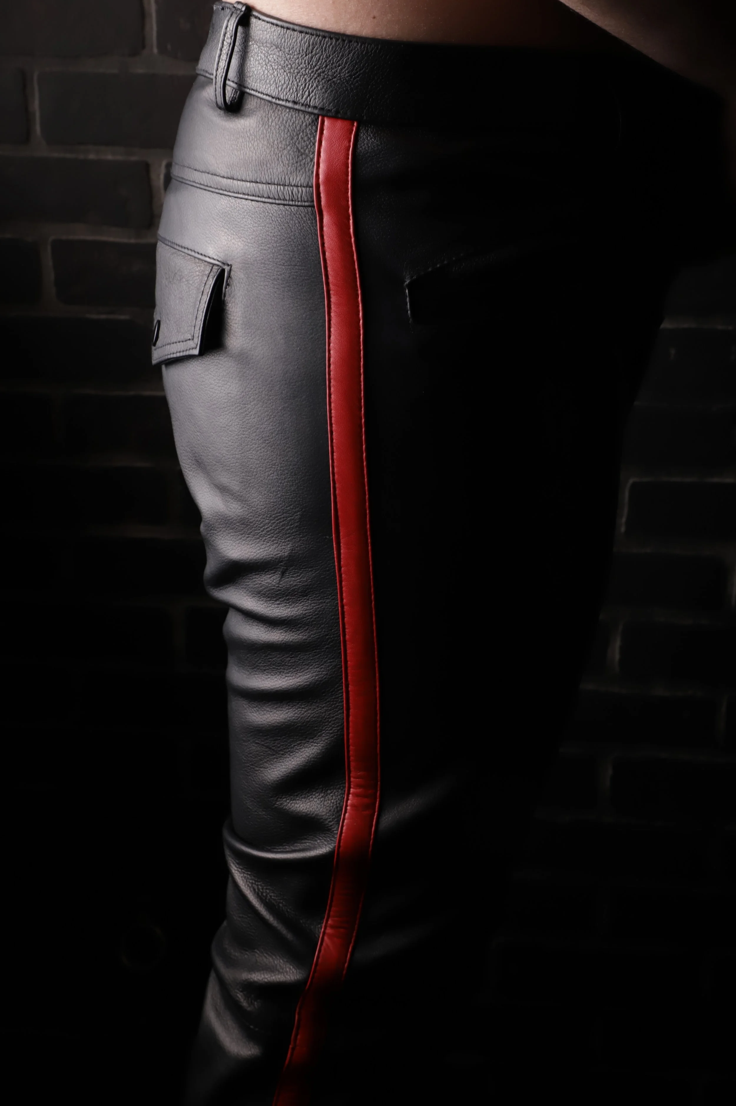 Barking Leather Classic Leather Pants w/Red Leather Stripe
