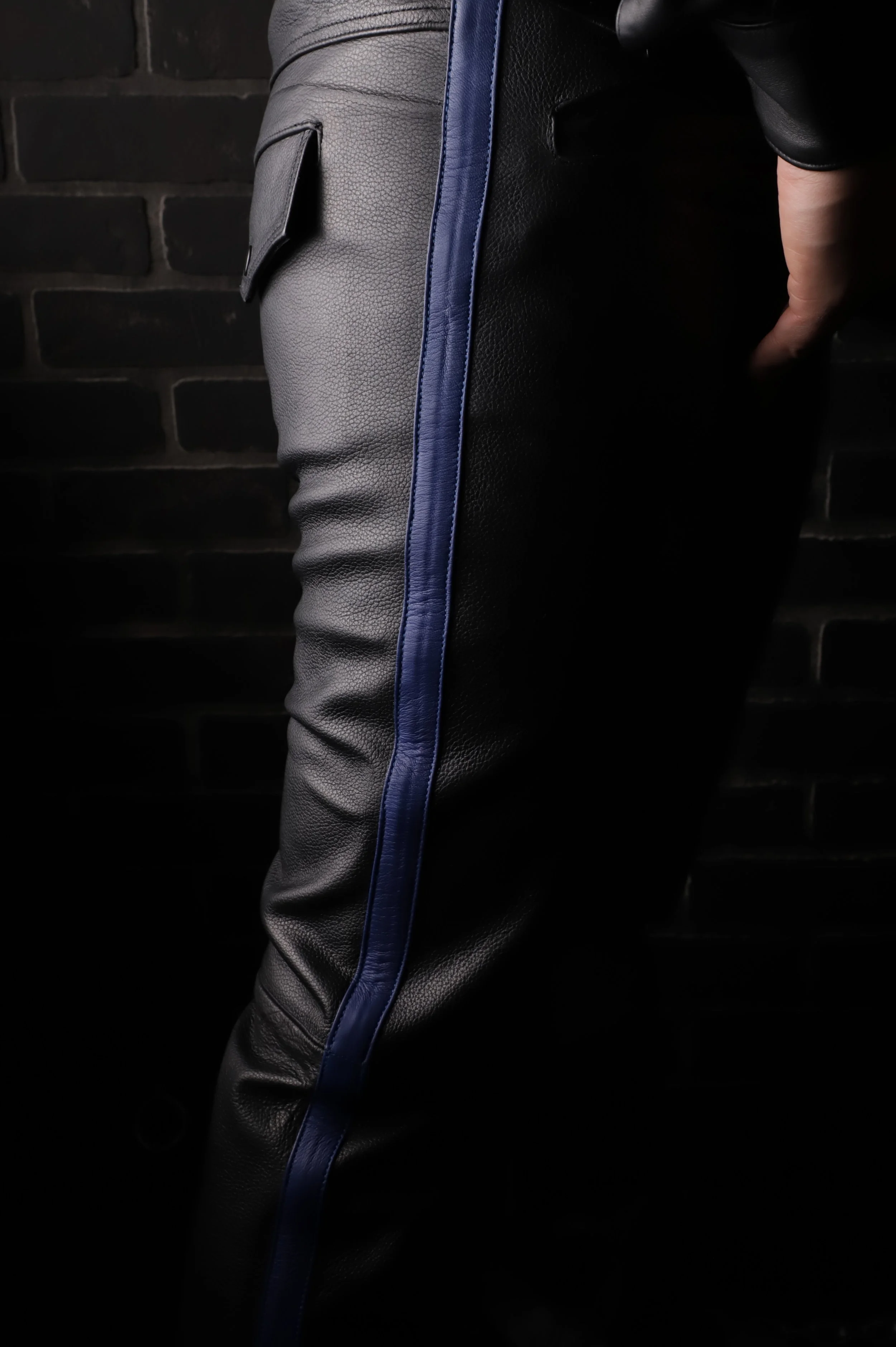 Barking Leather Classic Leather Pants w/Blue Leather Stripe