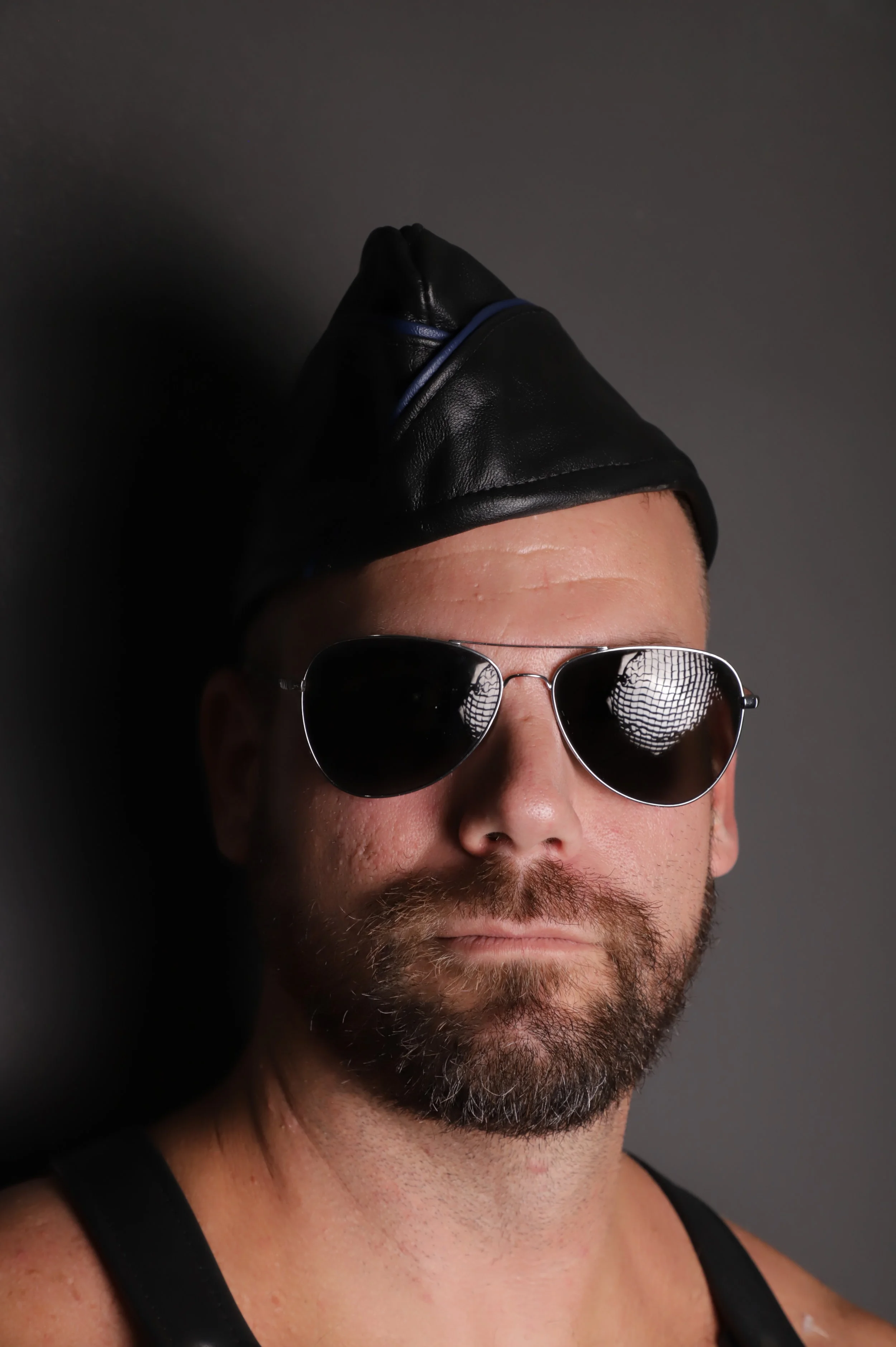 Leather Garrison Cap w/Blue Piping