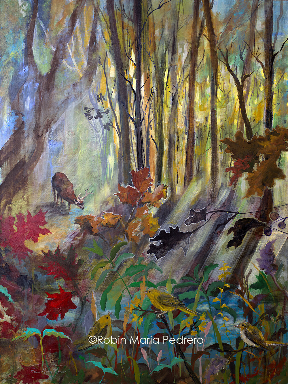 Deer At Water in the Woods 40x30 acrylic $2700.jpg