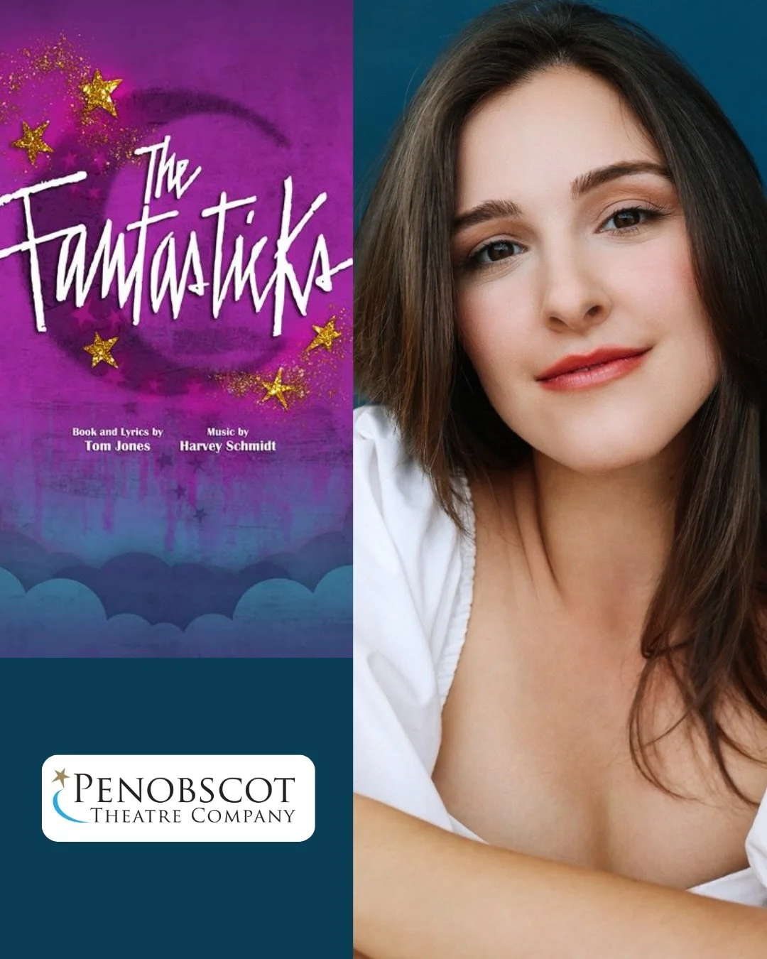 Over the (cardboard) moon to be playing Luisa in The Fantasticks this summer in gorgeous Maine, at @penobscottheatrecompany &mdash; running June 11th through July 12th! 🌙✨🪞👩&zwj;❤️&zwj;👨🧱🎭

(Swipe to see me and @christopherrobinsapp as Matt &am