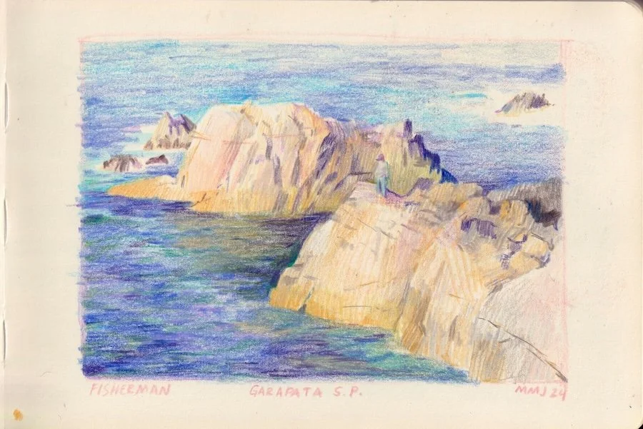 a colored pencil drawing of a fisherman on the rocks at Garrapata State Park