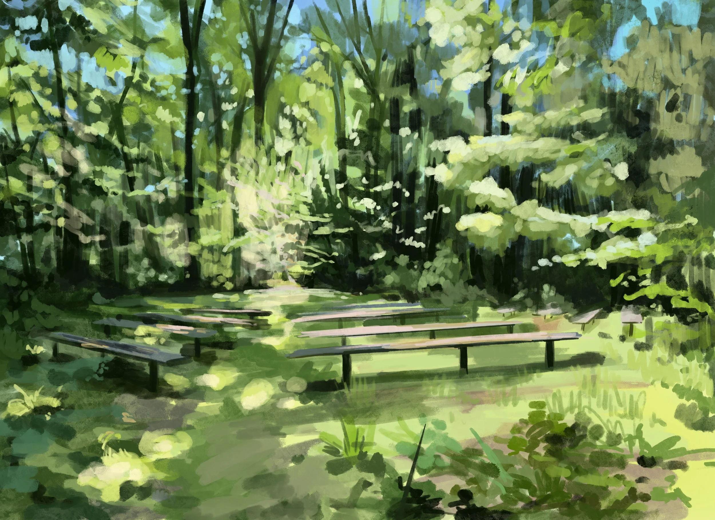 painting of lime green clearing of the forest with six benches pointed towards the trees, resembling a classroom.