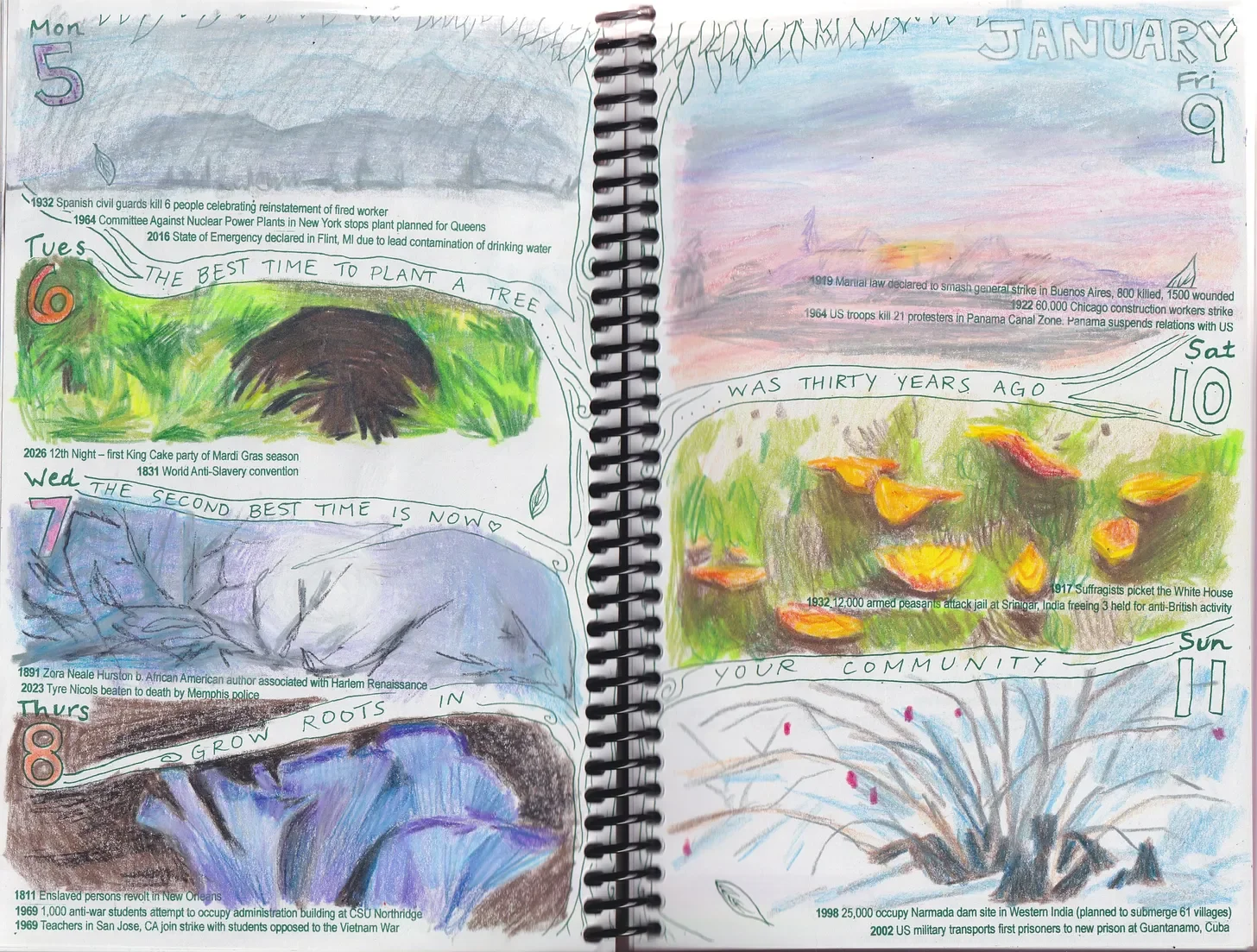 last week’s planner spread featuring a lot of mushrooms and winter light. The rule I set for myself was to only use crayons!