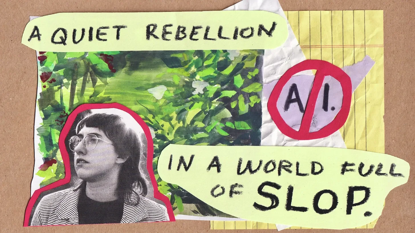 one of my favorite thumbnail designs made with crayon, wrinkled paper, a loose gouache painting of the place where I filmed, and a printout of a portrait Joy Newell took of me in August of 2025