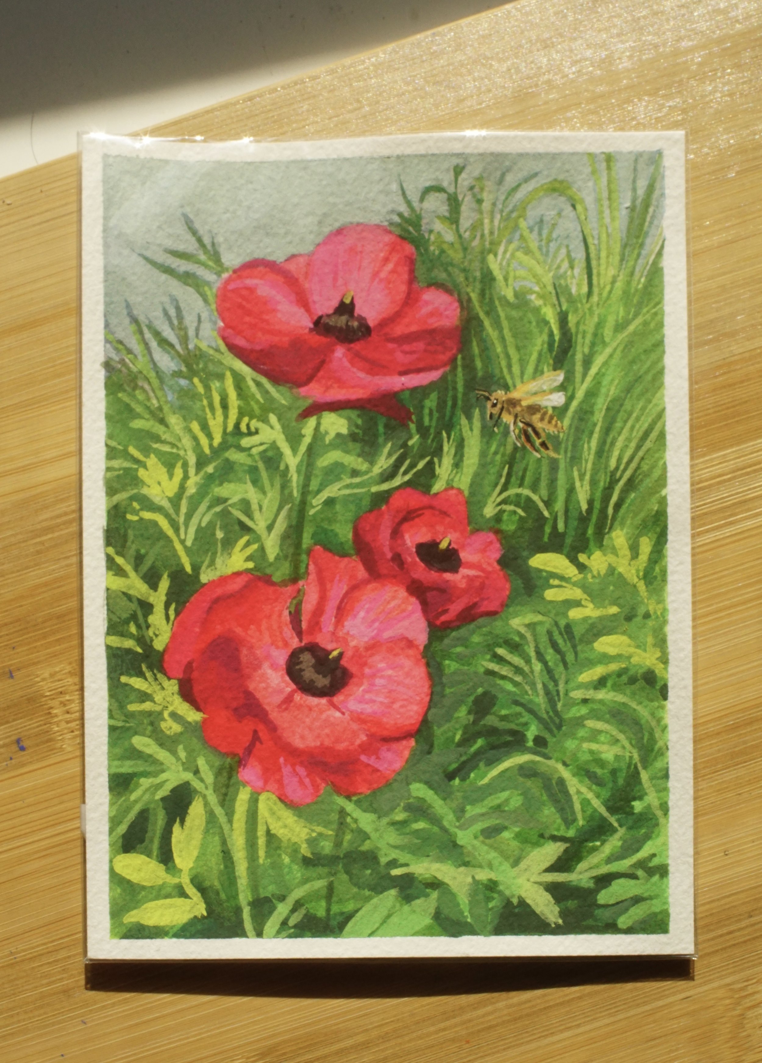 Poppy & Bee 5" x 7" original painting
