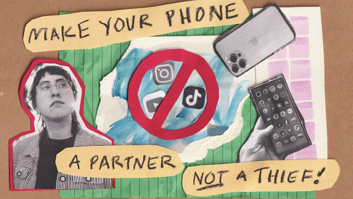 another collaged thumbnail using printouts of app logos, phones, painting scraps, and lined paper.