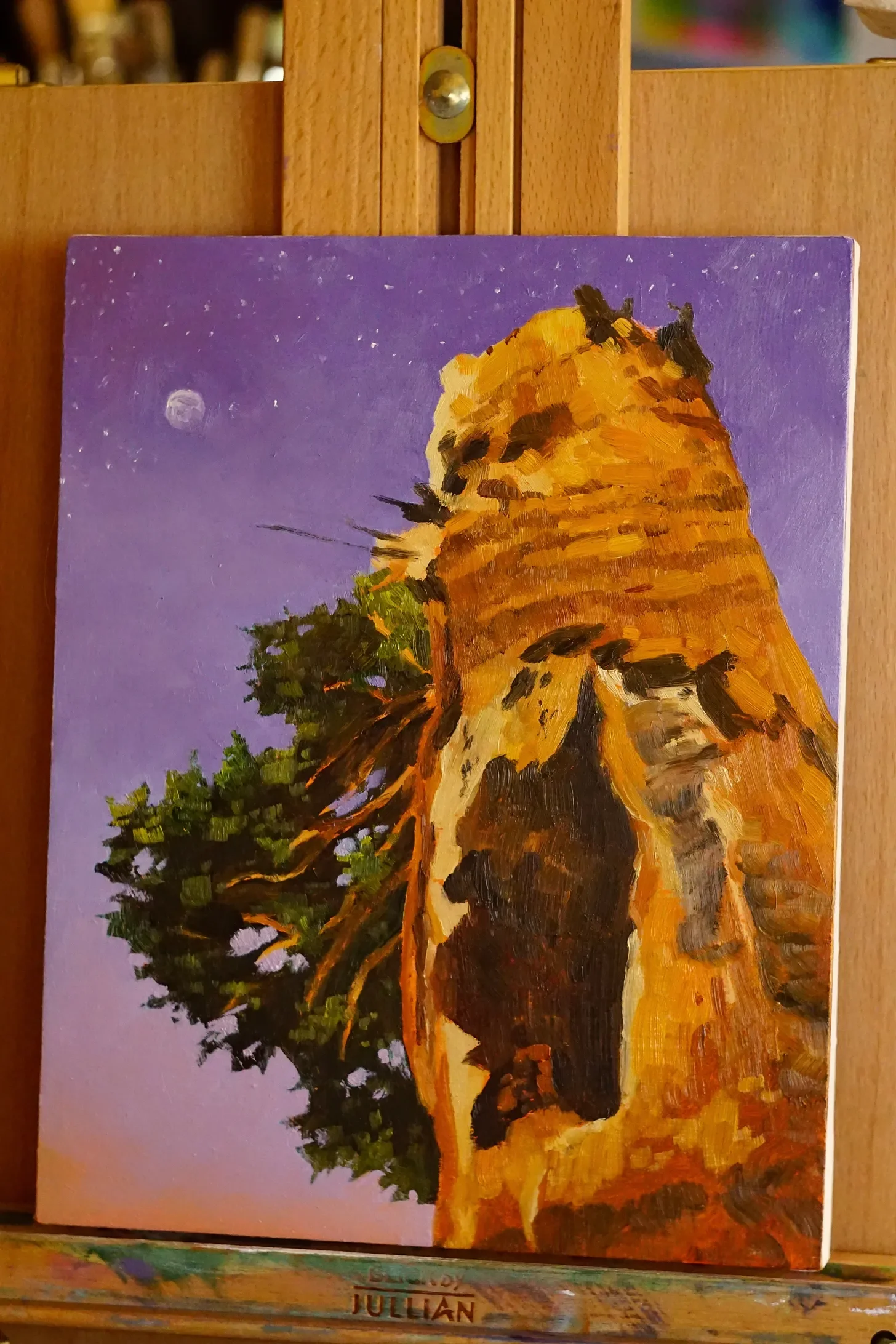 purple and orange painting of a sequia tree with the central heartwood burnt out, yet still green grows from the canopy