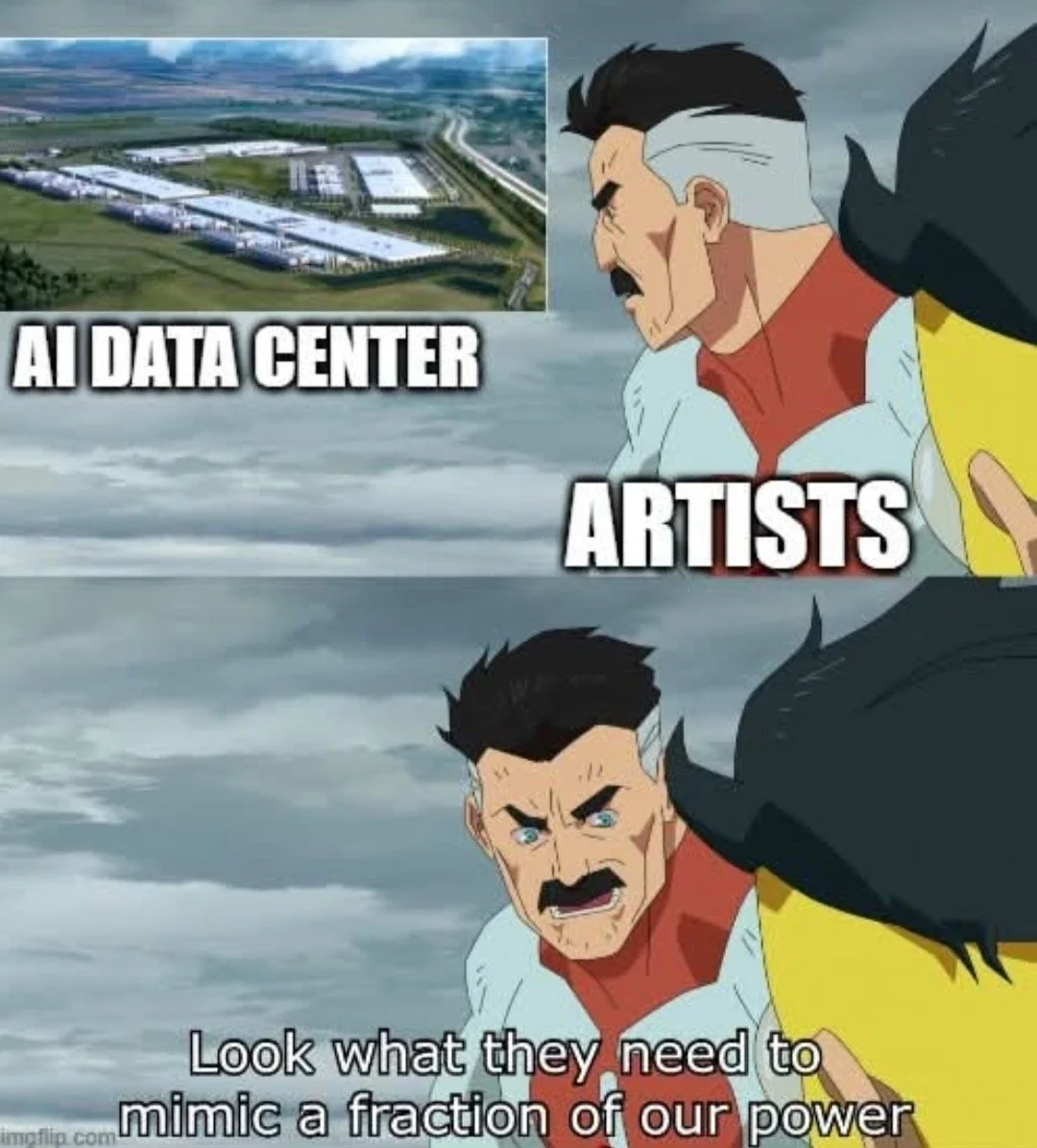 photo showing a man looking back at an ai data center and then turning to someone to say "look what they need to mimic a fraction of our power"