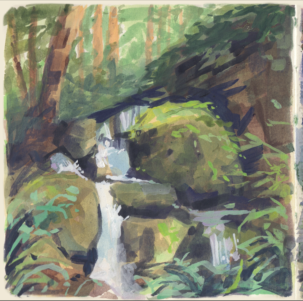gouache painting of a moss-covered waterfall in the forest