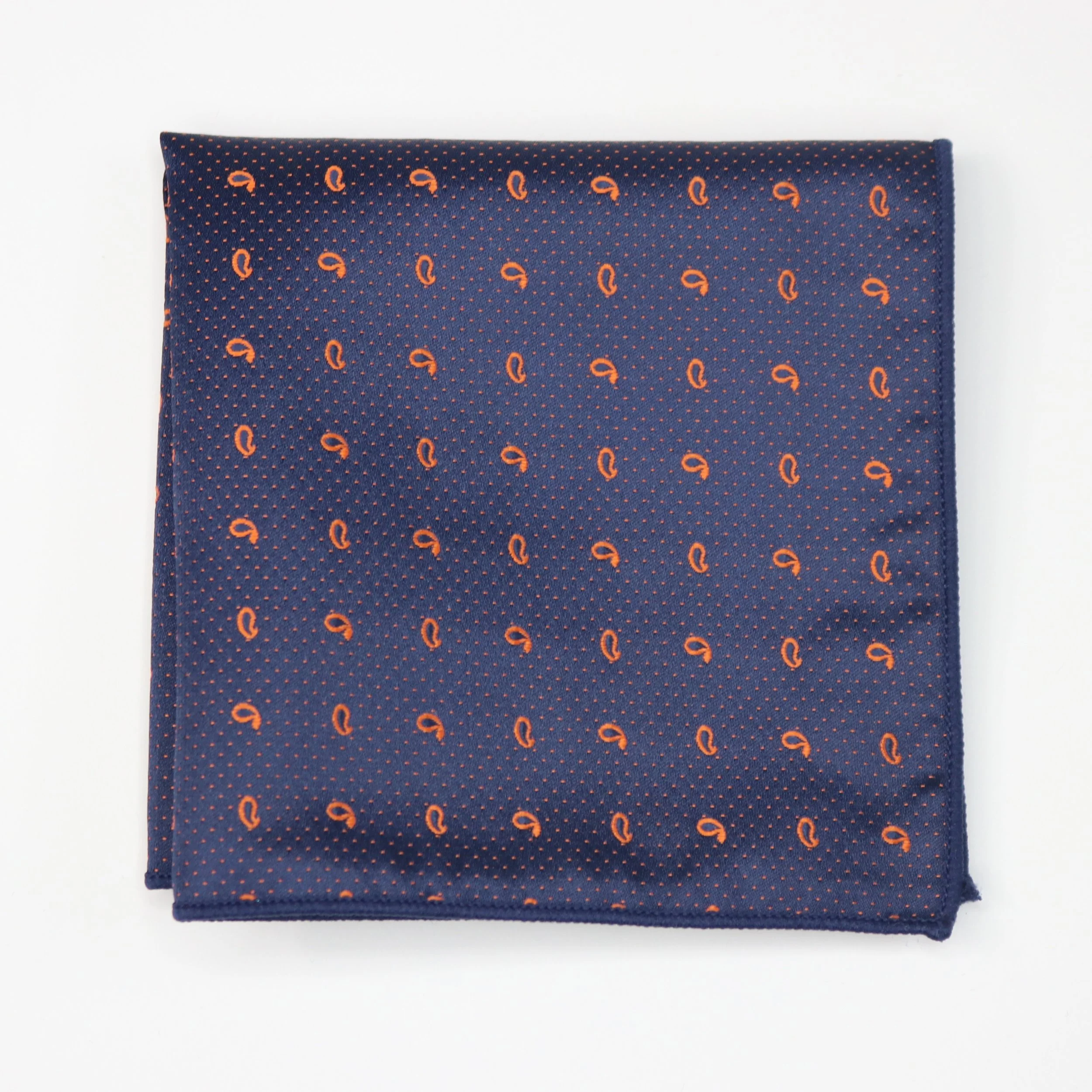 Blue Pocket Square w/ Orange Paisley Design 